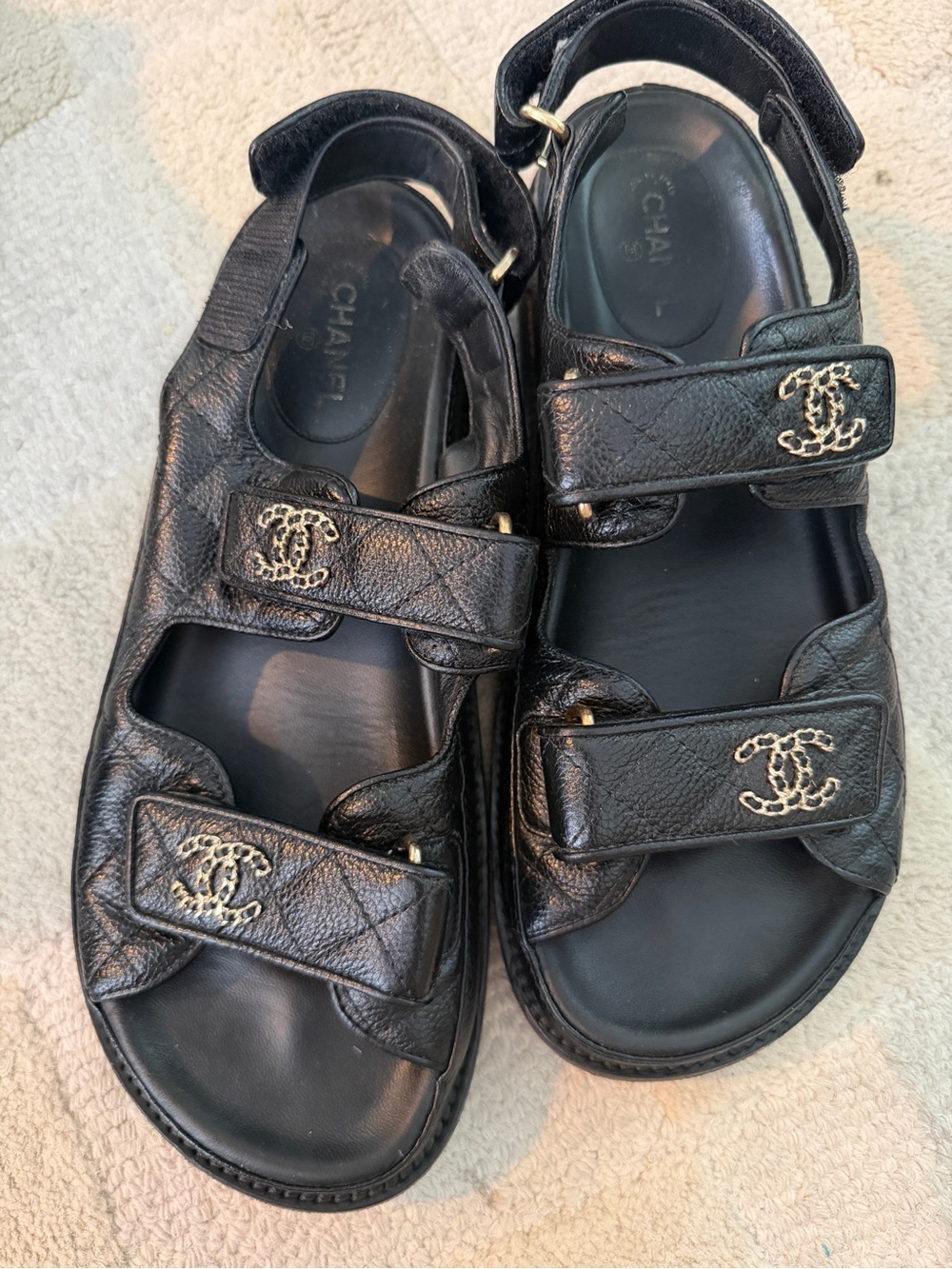 CHANEL Black Leather Triple-Strap Logo Sandals